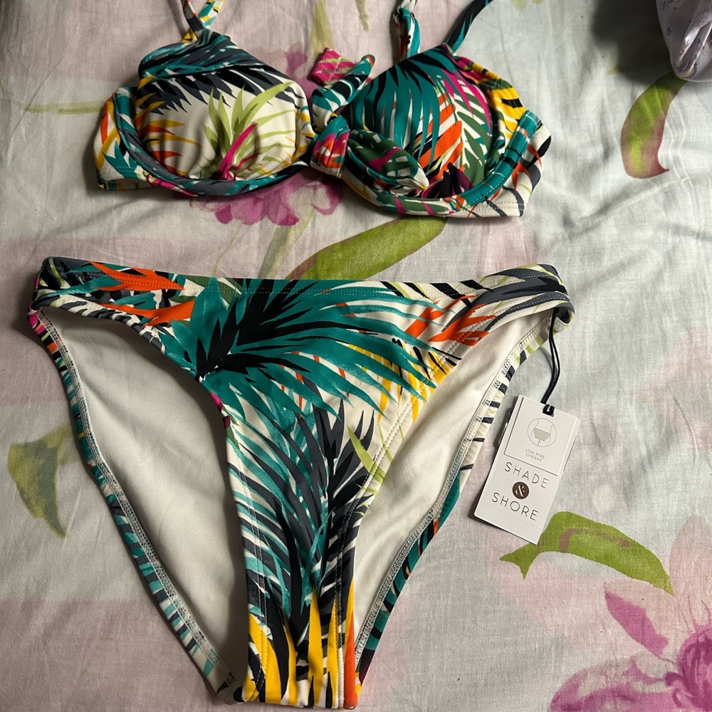 Shade & Shore Green and Orange Bikini Set with Tropical Print